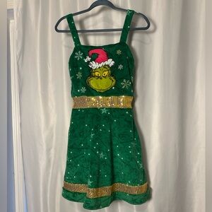Green Grinch Adult Costume Dress with Gold Sequence and Grinch Design Size XXS
